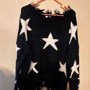 White Birch Black Sweater with White Star Patterns
